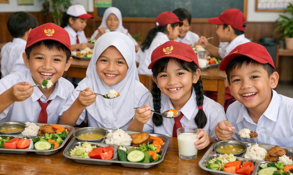 Siswa SD sedang makan MBG, Generate AI