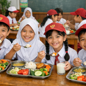 Siswa SD sedang makan MBG, Generate AI