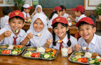 Siswa SD sedang makan MBG, Generate AI